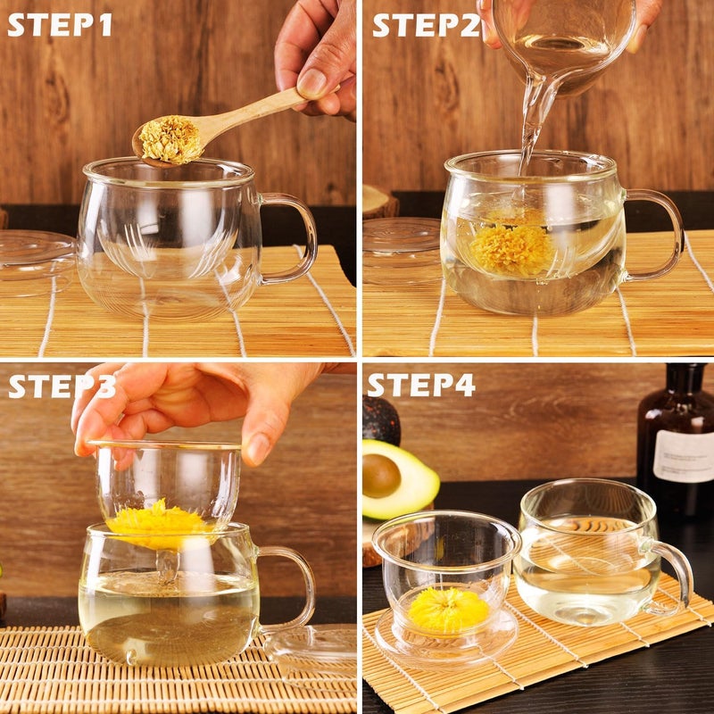 WHJY Glass Tea Cup with Infuser and Lid, 12 ounce Glass Tea Cups with Strainer, Loose Leaf Tea Cup Mug for One, Lead-free Borosilicate Glass Teacups, Heat Resistance, Microwave & Dishwasher Safe - Image 5