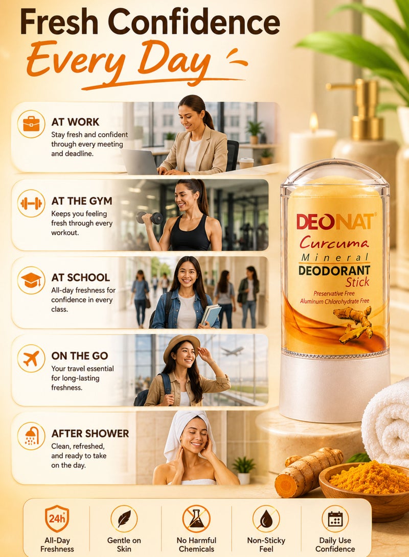 DEONAT Curcuma Mineral Deodorant Stick 50g Pack of 1 Natural Mineral Underarm Odor Protection With Curcuma Extract Preservative Free Aluminum Chlorohydrate Free Non Sticky Daily Freshness - Image 4