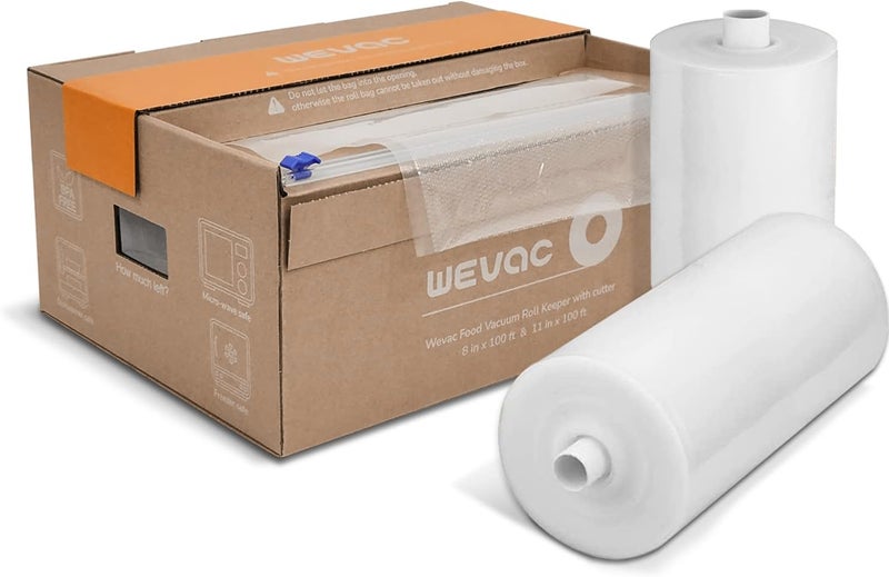 Wevac 8''x100' & 11''x100' 2 Rolls Food Vacuum Seal Roll Keeper with Cutter, Ideal Vacuum Sealer Bags for Food Saver, BPA Free, Commercial Grade, Great for Storage, Meal prep and Sous Vide - Image 1