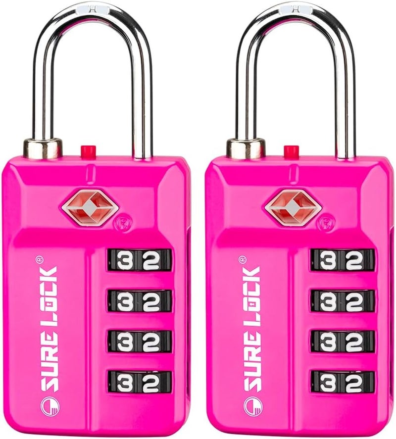 SURE LOCK TSA Approved 4-Digit Resettable Combination Luggage Locks with Open Alert, Easy-Read Dials - for Luggage, School Lockers, Gym, Office, Toolbox & Security Cases (Pink 2 Pack) - Image 1