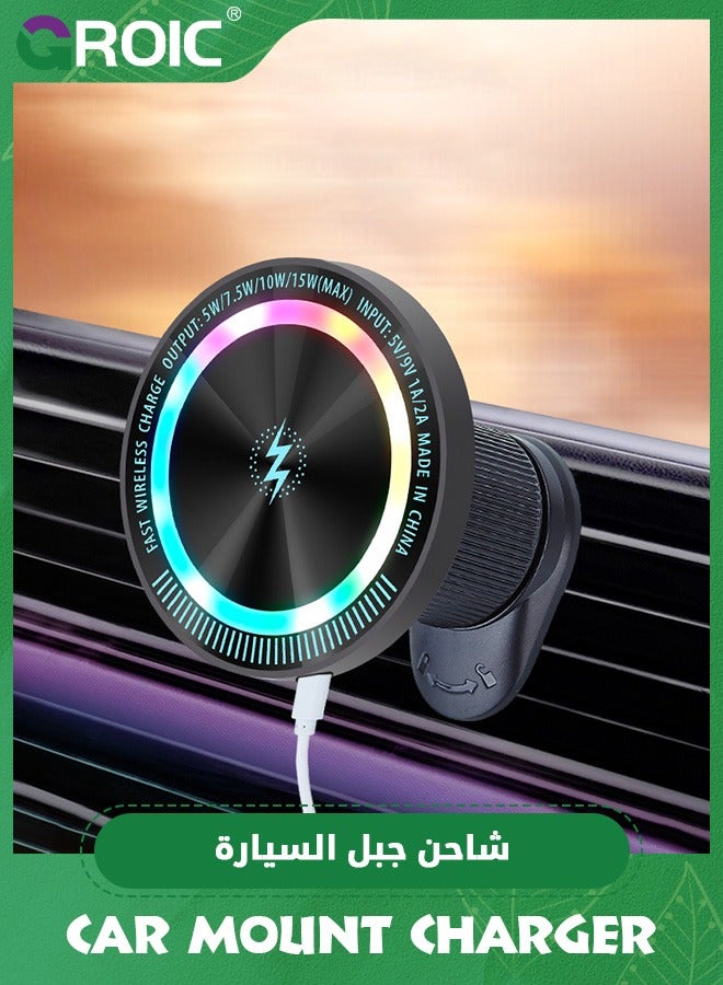 GROIC Magnetic Wireless Car Charger Mount, Mag-Safe Compatible Car Mount Wireless Charger, Air Vent Car Phone Mount Compatible for iPhone,15W Fast Charging LED Magnetic Wireless Car Charger  - Image 2