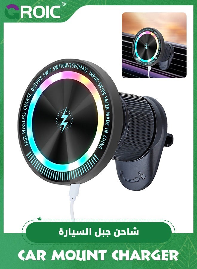 GROIC Magnetic Wireless Car Charger Mount, Mag-Safe Compatible Car Mount Wireless Charger, Air Vent Car Phone Mount Compatible for iPhone,15W Fast Charging LED Magnetic Wireless Car Charger  - Image 1