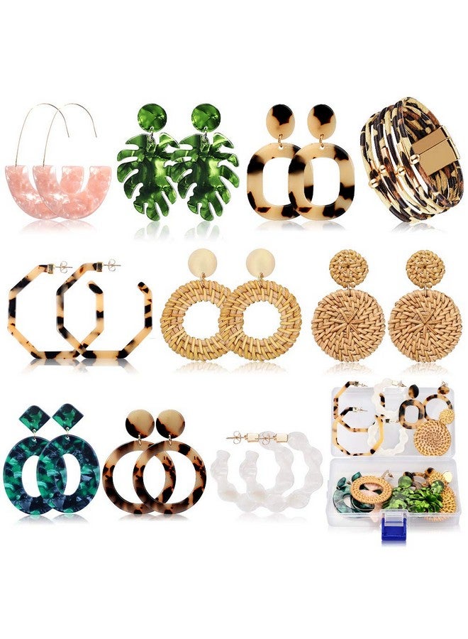 FIFATA Earrings Set For Women Girls Hypoallergenic S925 Sterling Silver Post Earrings Rattan Acrylic Hoop Bohemian Statement Drop Dangle Earrings Fashion Jewelry Gift(9 Pair) - Image 1