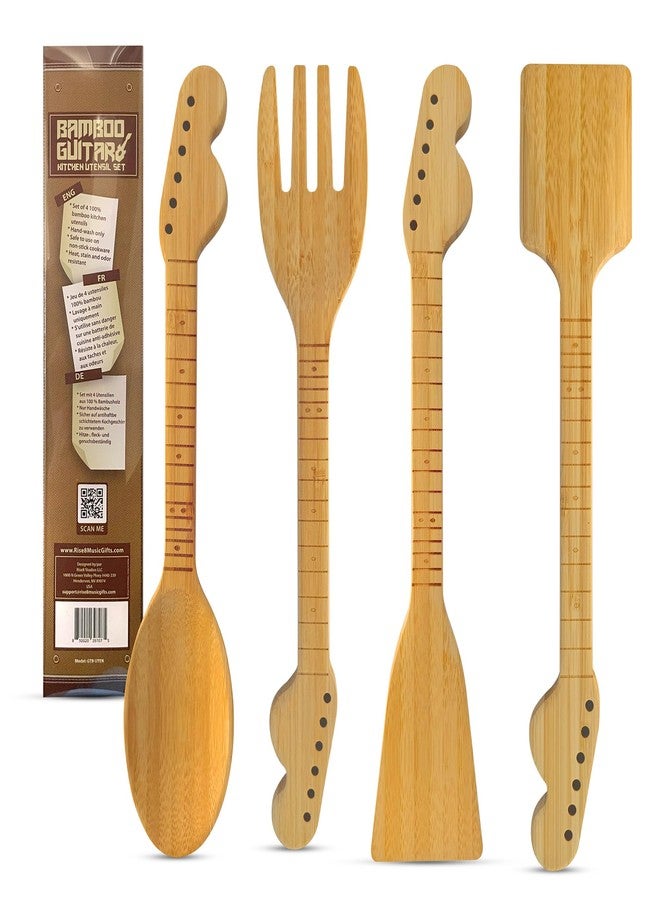 Rise8 Studios Guitar Bamboo Cooking Utensils Set (4-Piece) | Wooden Spoons and Spatulas | Fun Music Themed Kitchen Gadgets & Accessories | Unique Gift for Musicians, Guitar Players - Image 1