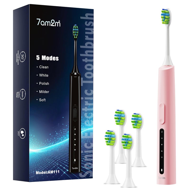 7AM2M Sonic Electric Toothbrush, High Power Rechargeable Toothbrushes, 5 Modes with 2 Minutes Built in Smart Timer, with 4 Brush Heads for Adults and Kids, One Charge for 60 Days (Pink) - Image 1