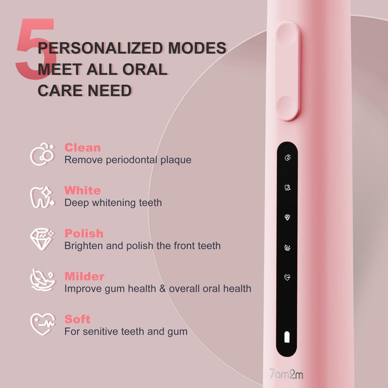 7AM2M Sonic Electric Toothbrush, High Power Rechargeable Toothbrushes, 5 Modes with 2 Minutes Built in Smart Timer, with 4 Brush Heads for Adults and Kids, One Charge for 60 Days (Pink) - Image 2
