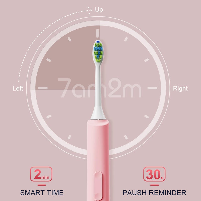 7AM2M Sonic Electric Toothbrush, High Power Rechargeable Toothbrushes, 5 Modes with 2 Minutes Built in Smart Timer, with 4 Brush Heads for Adults and Kids, One Charge for 60 Days (Pink) - Image 4