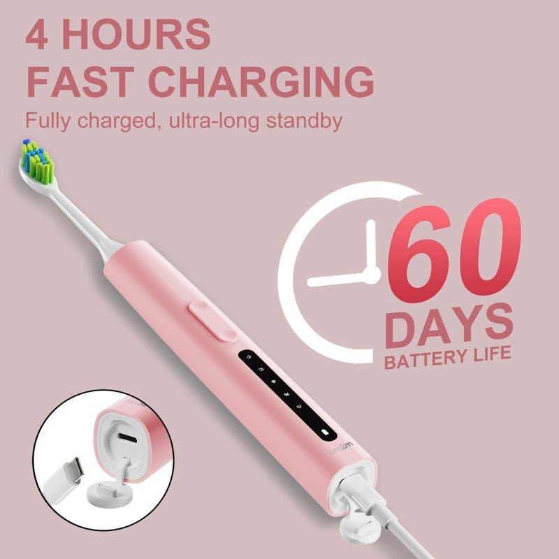 7AM2M Sonic Electric Toothbrush, High Power Rechargeable Toothbrushes, 5 Modes with 2 Minutes Built in Smart Timer, with 4 Brush Heads for Adults and Kids, One Charge for 60 Days (Pink) - Image 5