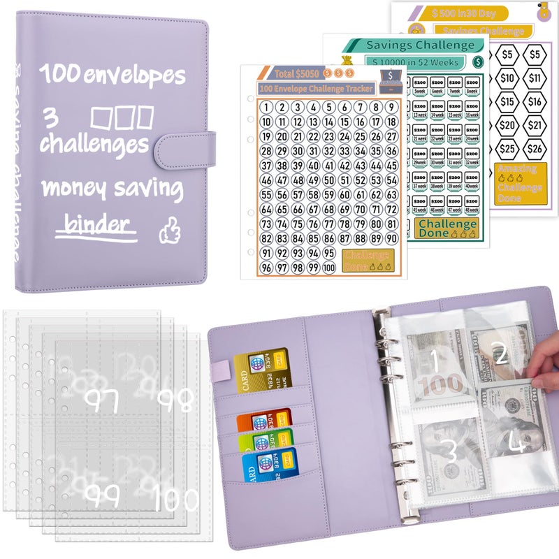 Antner مجلد تحدي توفير المال Antner 100 ظرف، كتاب تحديات التوفير مع ظروف و 3 متعقبين للتحدي لتوفير $5,050 و $500 و $10,000، مجلد ميزانية A5، لون بنفسجي - Image 1