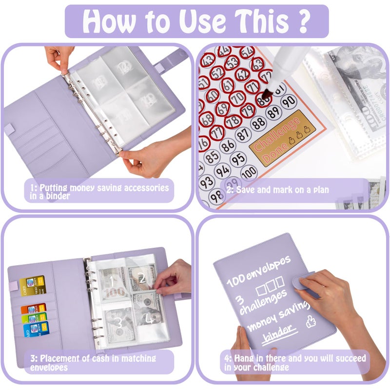 Antner مجلد تحدي توفير المال Antner 100 ظرف، كتاب تحديات التوفير مع ظروف و 3 متعقبين للتحدي لتوفير $5,050 و $500 و $10,000، مجلد ميزانية A5، لون بنفسجي - Image 4