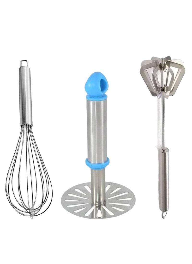 IDEAL PRIME IDEAL PRIME Heavy Duty Stainless Steel Manual Blender Mathani Whisk Potato Masher Set of 3 Steel Pav Bhaji Maker Spring Mathani Egg Beater Pack of 3  - Image 1