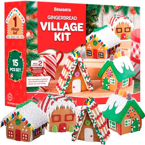 SEWANTA Gingerbread House kit [Set of 4] Mini Village Gingerbread Decorating House Kit Fun Holiday Activity for Kids, Ease Crafted Grooves Decor Kit; Icing/Fondant/Sugar/Candies/Jellies/Beads/Trays-15 Pcs Set - Image 1