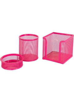 Mimaks Desk Set Paper Clip Holder-Paper Holder-Pen Holder 3 Pieces Metal Perforated Pink Ms-3 