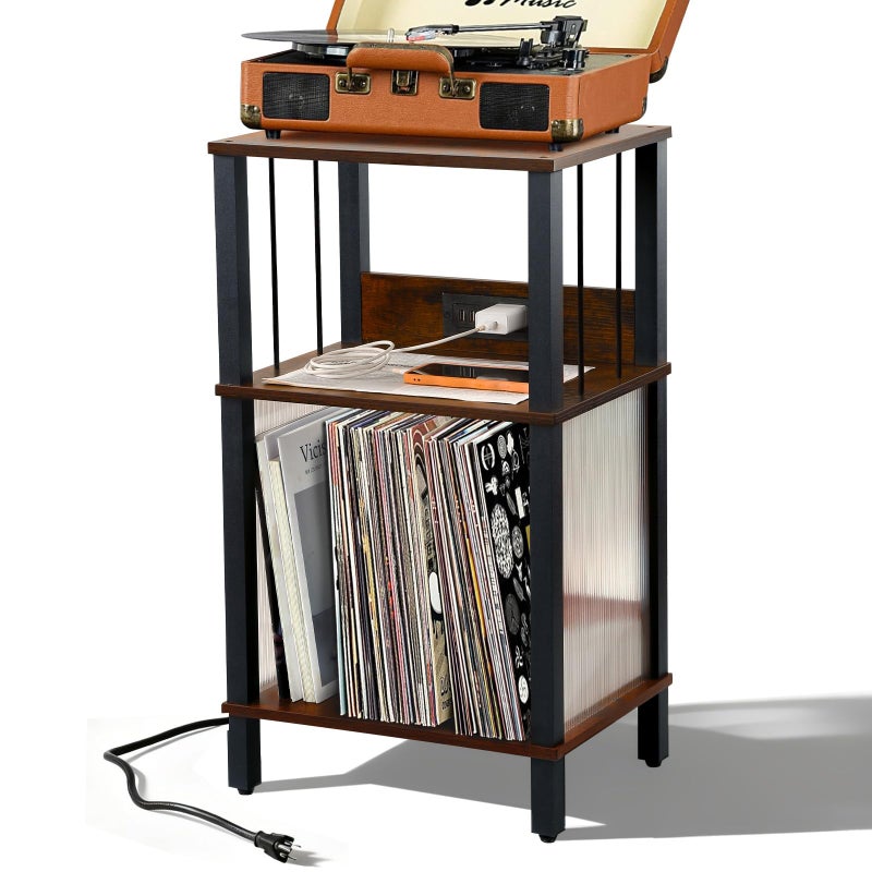 DGSANDGO Retro Record Player Stand with 100-Album Storage - Adjustable Height Turntable Stand, Compact Wooden Vinyl Shelf for Small Apartment/Living Room, Vintage Brown Mid-Century Style - Image 1