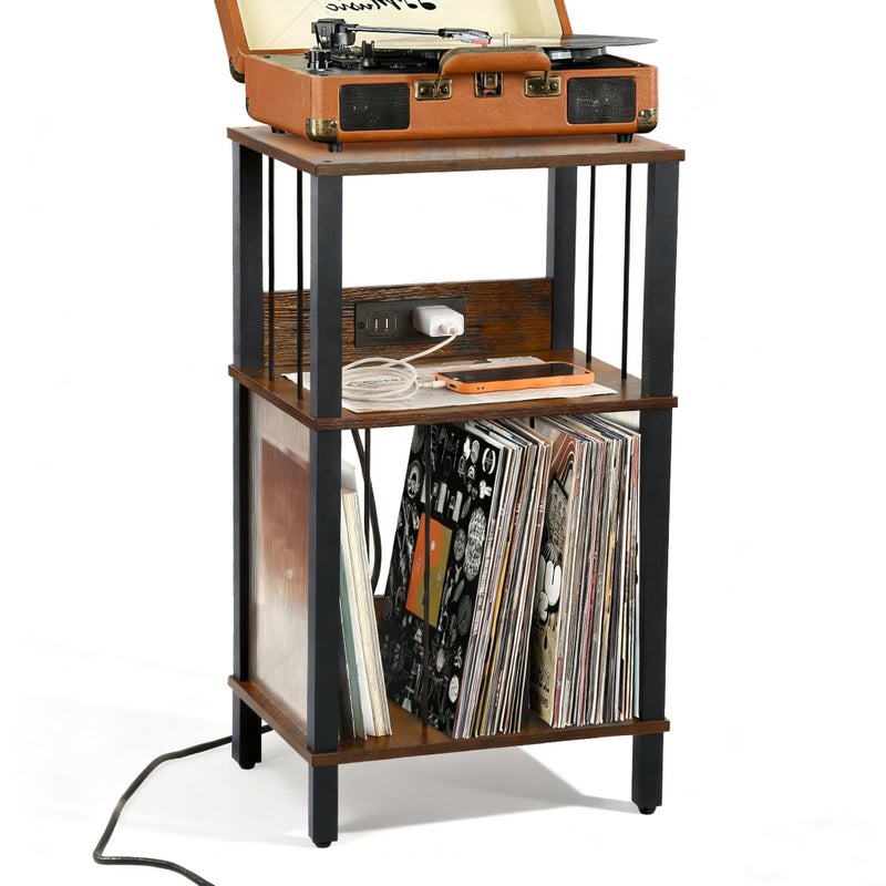 DGSANDGO Retro Record Player Stand with 100-Album Storage - Adjustable Height Turntable Stand, Compact Wooden Vinyl Shelf for Small Apartment/Living Room, Vintage Brown Mid-Century Style - Image 2