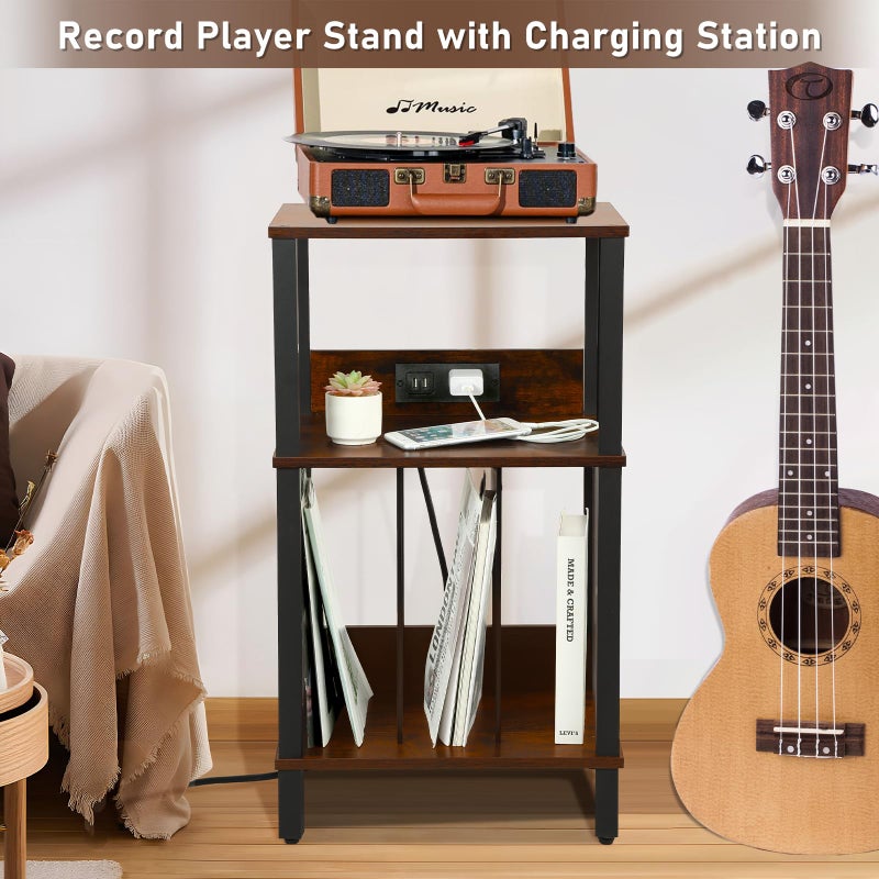 DGSANDGO Retro Record Player Stand with 100-Album Storage - Adjustable Height Turntable Stand, Compact Wooden Vinyl Shelf for Small Apartment/Living Room, Vintage Brown Mid-Century Style - Image 5