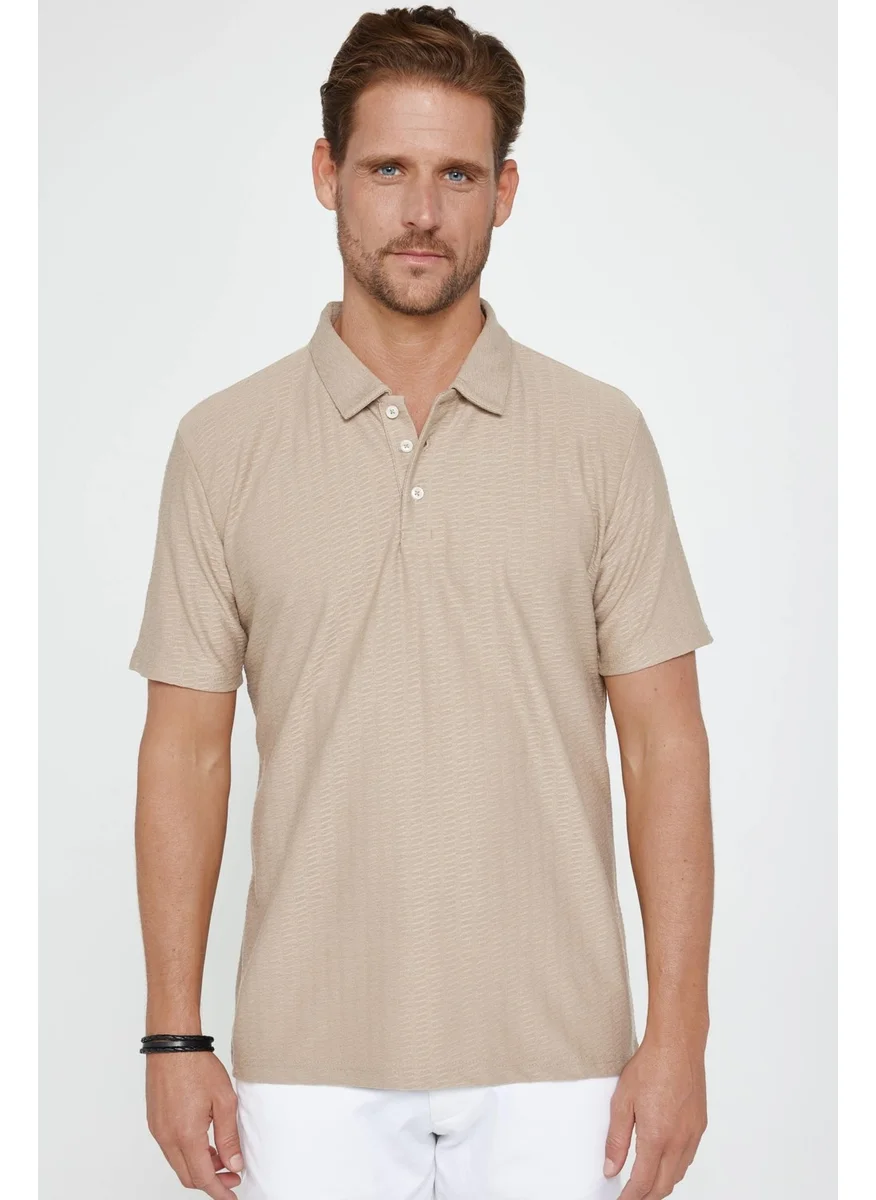 Tudors Men's Classic Fit Relaxed Cut Cotton Jacquard Beige Polo Neck T-Shirt