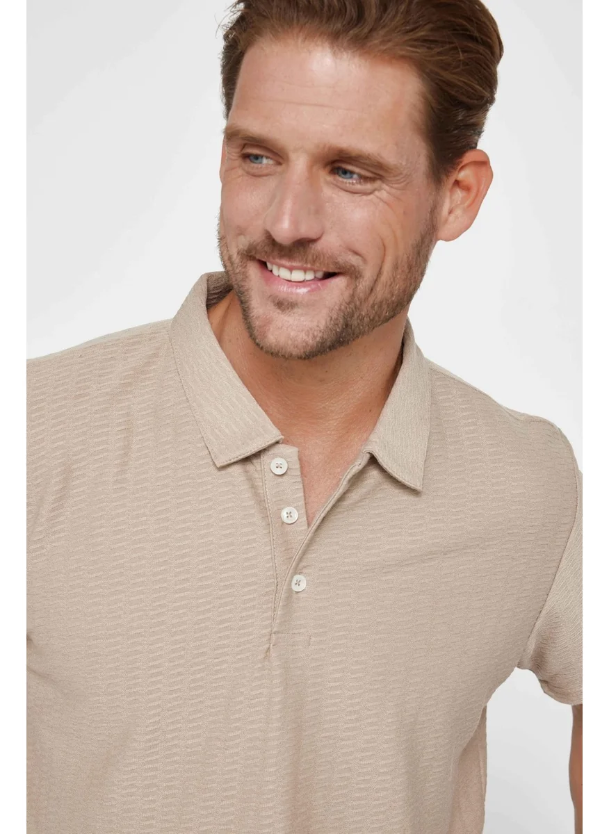 Tudors Men's Classic Fit Relaxed Cut Cotton Jacquard Beige Polo Neck T-Shirt