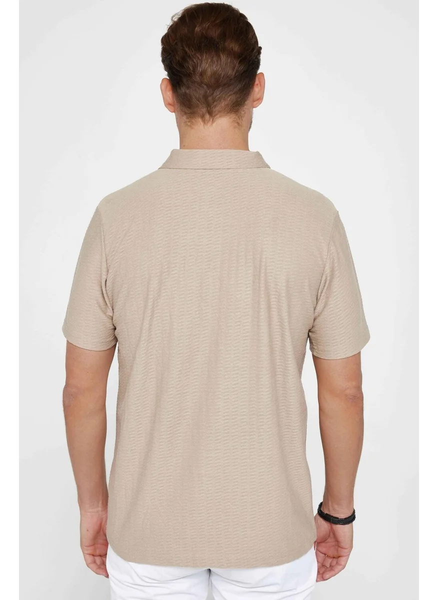 Tudors Men's Classic Fit Relaxed Cut Cotton Jacquard Beige Polo Neck T-Shirt