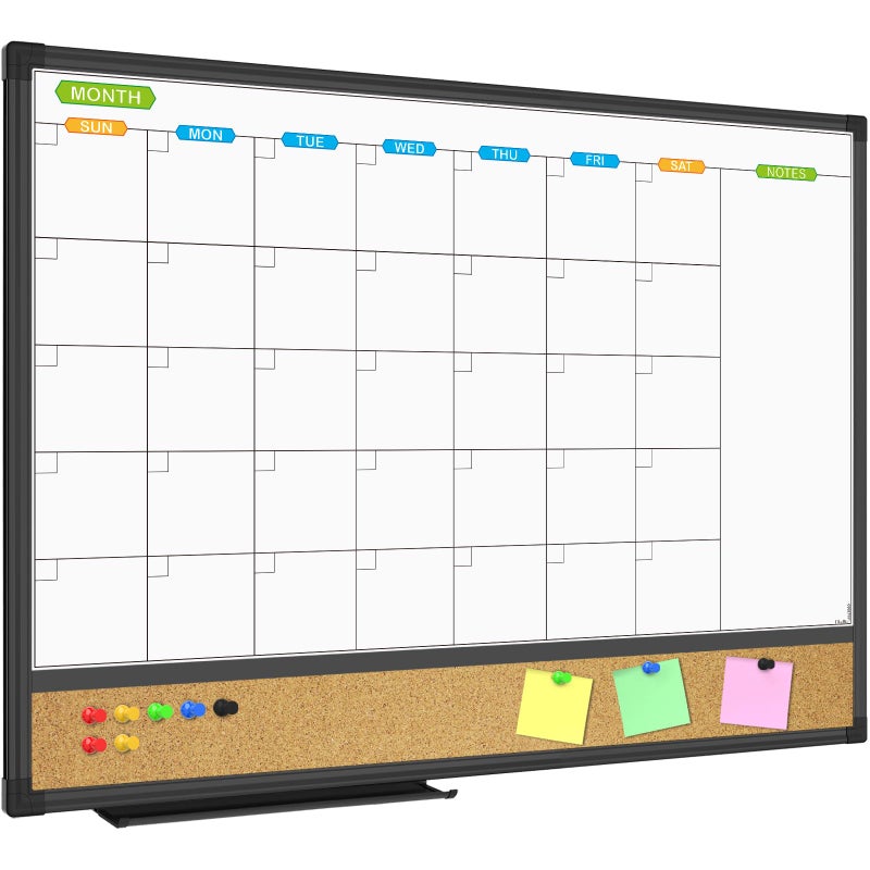 JILoffice Magnetic Calendar Whiteboard Bulletin Corkboard Combination Combo Board 24 x 18 Inch Black Aluminum Frame Wall Mounted Board for Office Home and School with 10 Push Pins