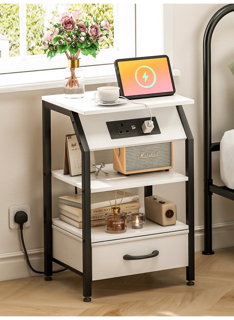 SHEIDLIN 3-Tier Nightstand with Charging Station (2 USB Ports & 2 Outlets), Adjustable Fabric Drawers & Storage Shelves - Multi-Functional End Table for Bedroom, Living Room, Closet, Entryway - White - Image 1