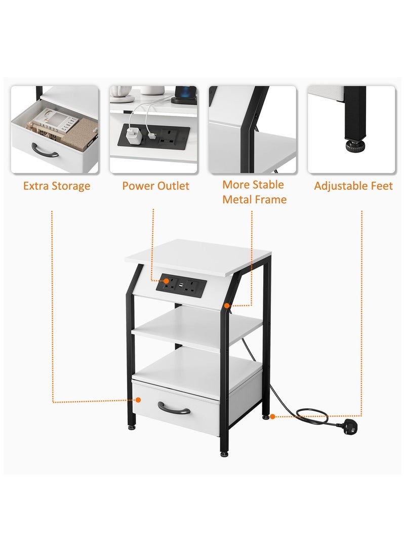 SHEIDLIN 3-Tier Nightstand with Charging Station (2 USB Ports & 2 Outlets), Adjustable Fabric Drawers & Storage Shelves - Multi-Functional End Table for Bedroom, Living Room, Closet, Entryway - White - Image 3