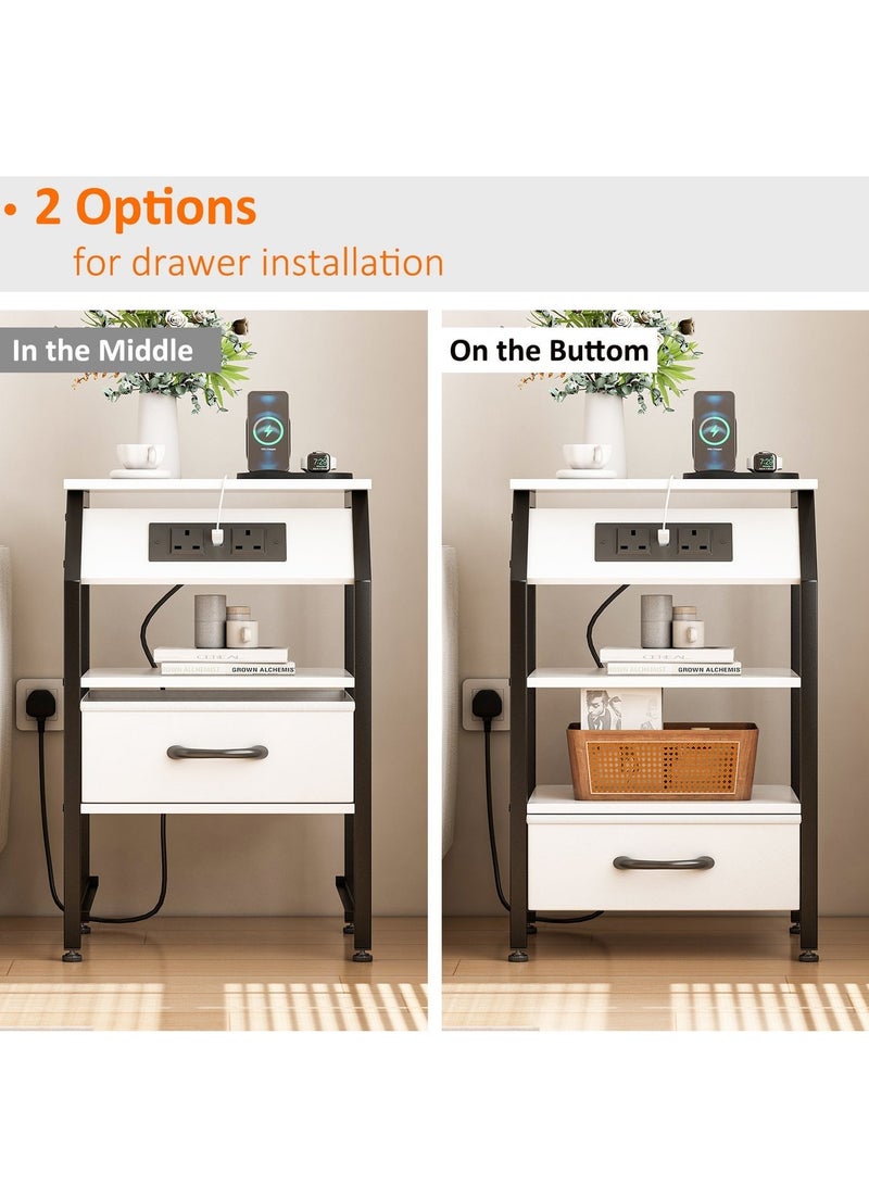 SHEIDLIN 3-Tier Nightstand with Charging Station (2 USB Ports & 2 Outlets), Adjustable Fabric Drawers & Storage Shelves - Multi-Functional End Table for Bedroom, Living Room, Closet, Entryway - White - Image 4