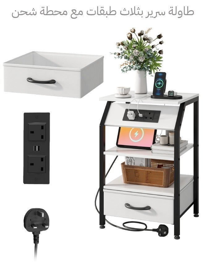 SHEIDLIN 3-Tier Nightstand with Charging Station (2 USB Ports & 2 Outlets), Adjustable Fabric Drawers & Storage Shelves - Multi-Functional End Table for Bedroom, Living Room, Closet, Entryway - White - Image 5