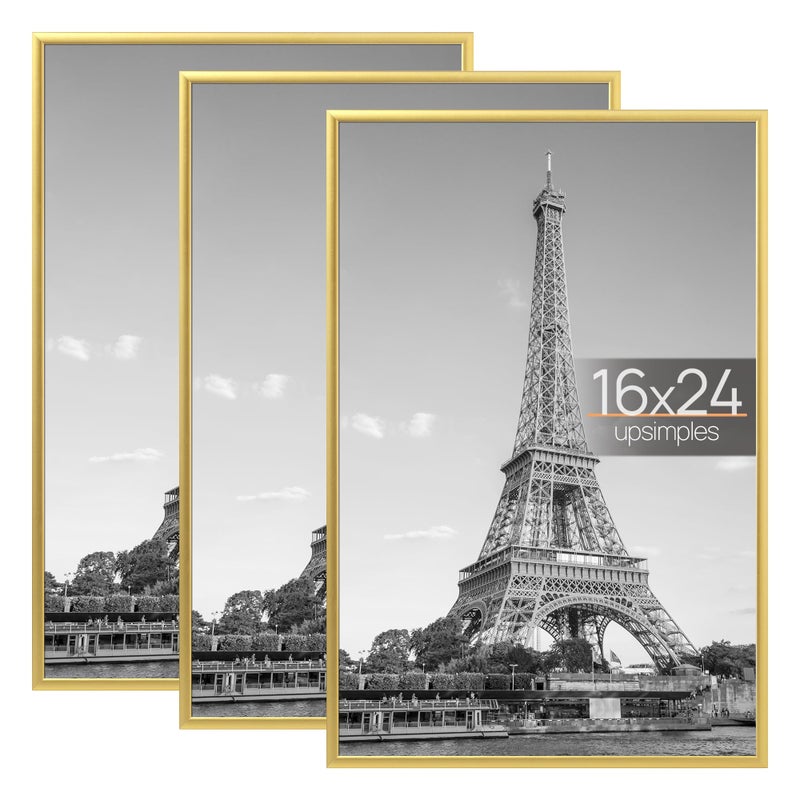 upsimples 16x24 Picture Frame Gold 3 Pack, Scratch-Proof Poster Frames 16 x 24 for Photo Gallery - Slide-In Strips, Horizontal or Vertical Wall Mounting - Image 1