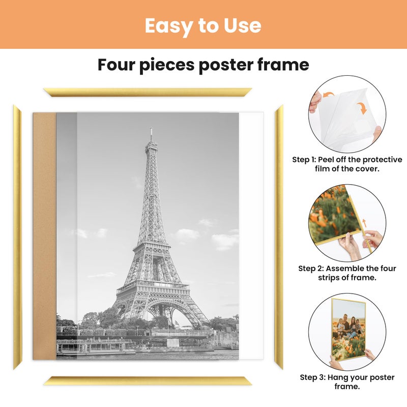 upsimples 16x24 Picture Frame Gold 3 Pack, Scratch-Proof Poster Frames 16 x 24 for Photo Gallery - Slide-In Strips, Horizontal or Vertical Wall Mounting - Image 3