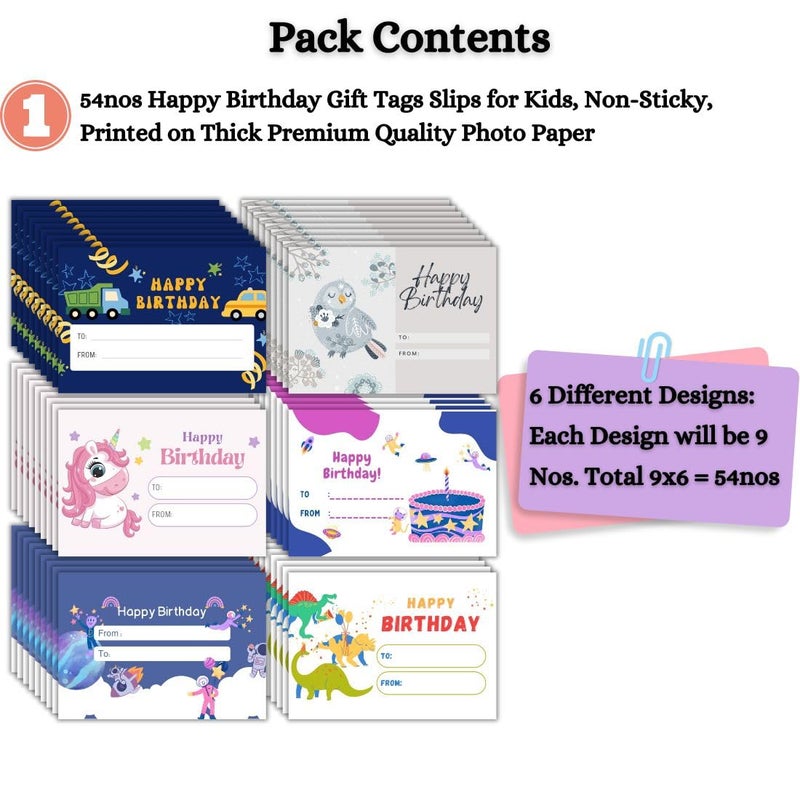 AanyaCentric Pack of 54 Happy Birthday Gift Tag for Kids Colorful Non-Sticky Labels Name Slip - Image 2