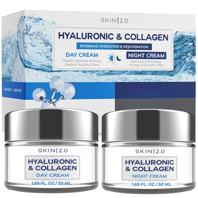 Skin 2.0 Hyaluronic Acid & Collagen Face Moisturizer â€“ Deep Hydration & Firming Cream for Smooth, Youthful Look â€“ Dermatologist Tested, Korean Skin Care Set, Vegan, Clean Beauty â€“ Day & Night Duo - Image 1