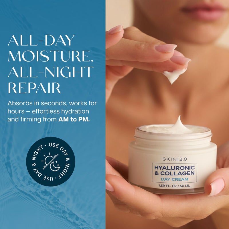 Skin 2.0 Hyaluronic Acid & Collagen Face Moisturizer â€“ Deep Hydration & Firming Cream for Smooth, Youthful Look â€“ Dermatologist Tested, Korean Skin Care Set, Vegan, Clean Beauty â€“ Day & Night Duo - Image 3