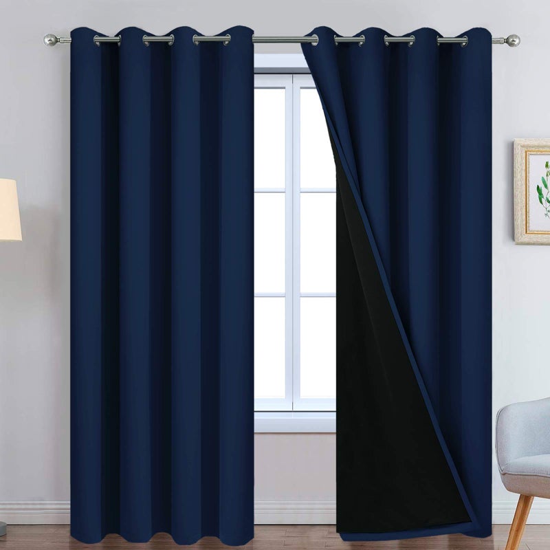 Yakamok Navy Blue 100 Blackout Curtains Energy Saving Thermal Insulated 2 Thick Layers Completely Blackout Drapes with Black Liner for Bedroom 52Wx84L Navy Blue 2 Panels