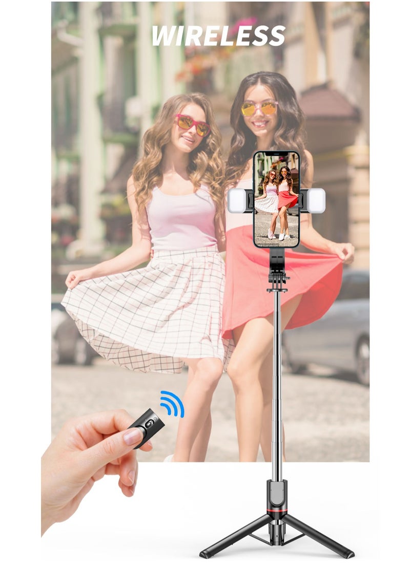 45.66‘’Selfie Stick Tripod with double fill light, Extendable Stainless Steel Tripod with Rechargeable Bluetooth Remote, Compatible with iPhone and Android Smartphones, Perfect for Travel, Vlog, Video and Photo