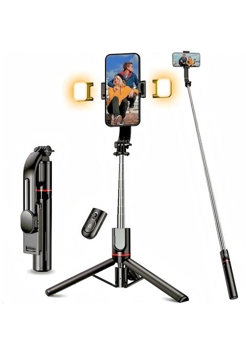 45.66‘’Selfie Stick Tripod with double fill light, Extendable Stainless Steel Tripod with Rechargeable Bluetooth Remote, Compatible with iPhone and Android Smartphones, Perfect for Travel, Vlog, Video and Photo
