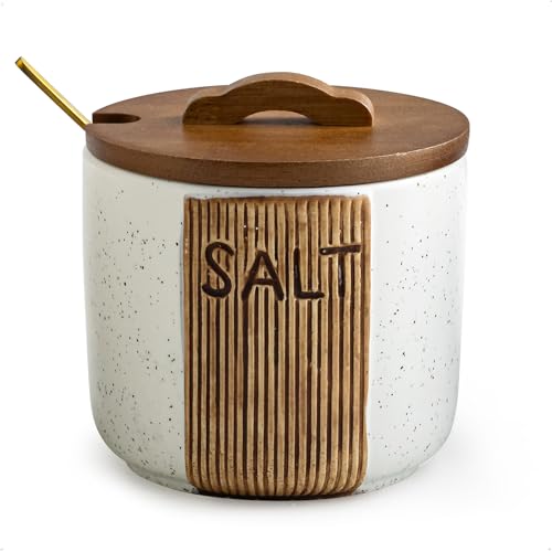 YHOJOY Salt Container for Countertop, Ceramic Salt Cellar with Lid and Spoons, 10 OZ Salt Bowl Holder, White - Image 1