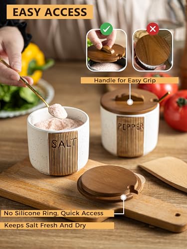 YHOJOY Salt Container for Countertop, Ceramic Salt Cellar with Lid and Spoons, 10 OZ Salt Bowl Holder, White - Image 5