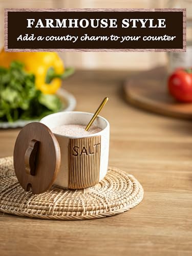 YHOJOY Salt Container for Countertop, Ceramic Salt Cellar with Lid and Spoons, 10 OZ Salt Bowl Holder, White - Image 3