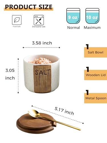 YHOJOY Salt Container for Countertop, Ceramic Salt Cellar with Lid and Spoons, 10 OZ Salt Bowl Holder, White - Image 2