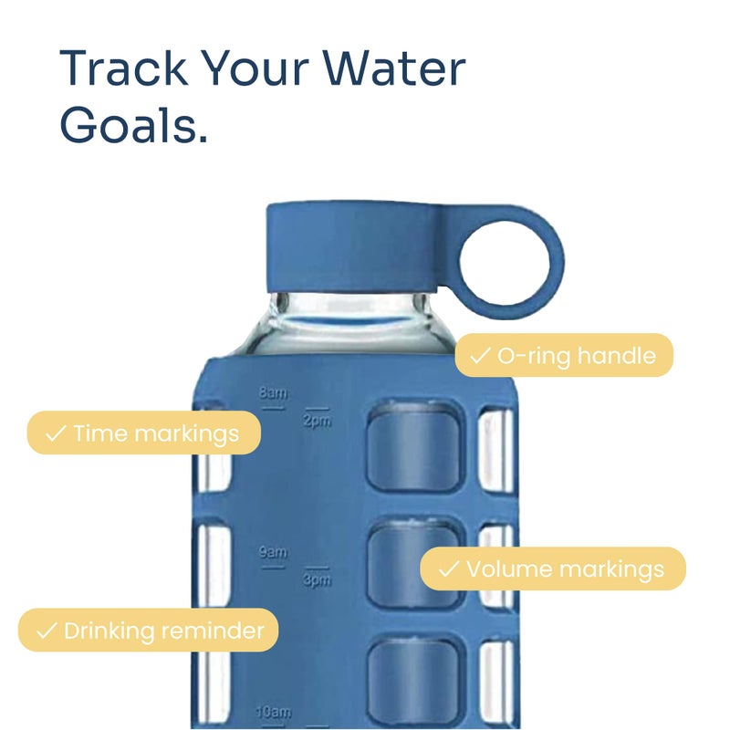 purifyou 40oz / 32oz / 22oz / 12oz Borosilicate Glass Water Bottle with Time & Volume Markers, Silicone Sleeve, Stainless Steel Lid â€“ Reusable Glass Bottle for Water & Juice (32oz Chinese Porcelain) - Image 3