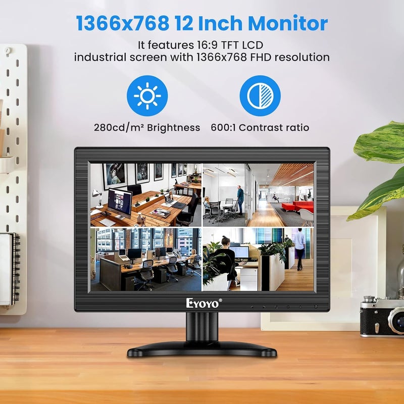 EYOYO شاشة إييو 12 بوصة TFT LCD مع مدخلات AV HDMI BNC VGA 1366x768 شاشة ملونة محمولة صغيرة بدقة HD مع مكبر صوت مدمج - Image 3