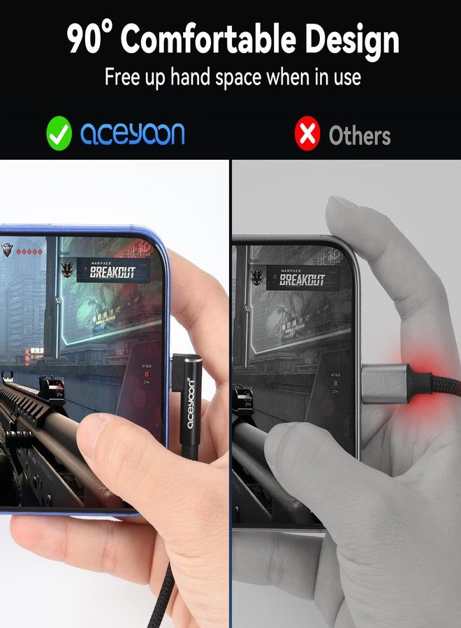 aceyoon كابل USB C قصير بزاوية 90 درجة من آسيون، كابل USB A إلى USB C بزاوية، كابل نايلون مضفر للشحن السريع بطول 0.6 قدم لهواتف سامسونج جالاكسي S25 S24 S23 S22 S21، وللهواوي، ولجوجل بيكسل والمزيد - Image 2