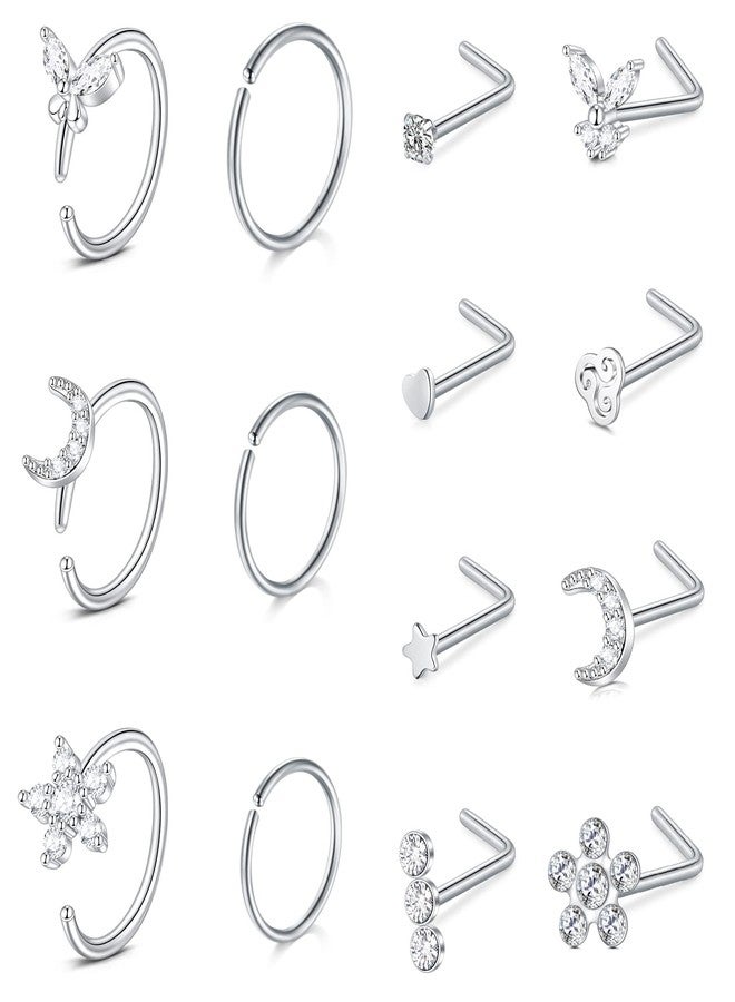 D.Bella 18G Nose Rings for Women Stainless Steel Nose Ring 18 Gauge Nose Rings Hoops Studs Flower Heart Butterfly Moon Diamond L Shaped Nose Studs Nostril Nose Piercing Jewelry for Women Men - Image 1
