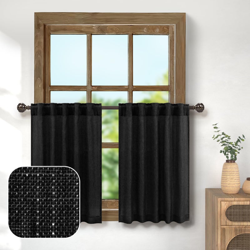 Pitalk Black Cafe Curtains 24 Inch Length Kitchen Window Curtains Sets of 2 Pack Back Tab Top Pocket Tier Light Filtering Semi Sheer Short Linen Curtains for Small Windows Bathroom Garage 30 x 24 Long - Image 1