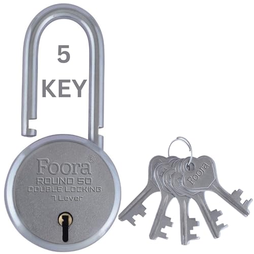 Foora Small Lock and Keys, Round 50mm Long Neck Shackle Padlock, Double Locking 7 Lever, Door Lock for Home, Gate Lock, Shutter Lock, with 5 Keys - Image 1