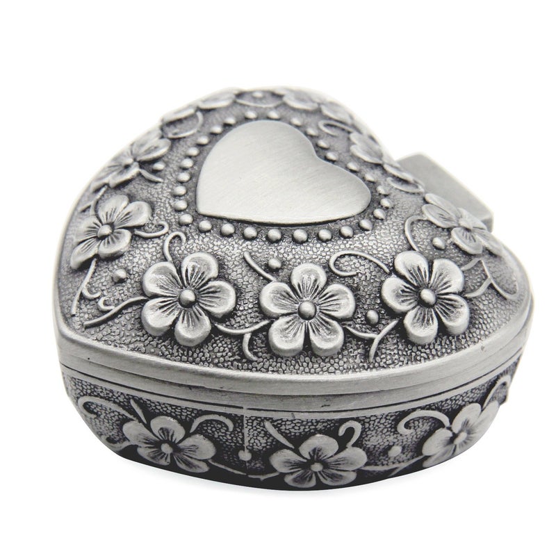 AVESON Classic Vintage Antique Heart Shape Jewelry Box Ring Small Trinket Storage Organizer Chest Christmas Gift Silver
