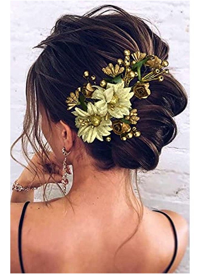 Hair Flare - Women Artificial Rose Flower Made Hair Accessories And Hair Pin For Women 2166 Gold Pack Of 1 - Image 1