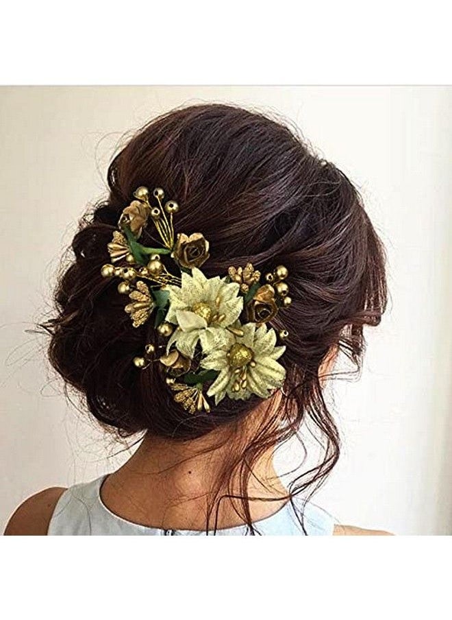 Hair Flare - Women Artificial Rose Flower Made Hair Accessories And Hair Pin For Women 2166 Gold Pack Of 1 - Image 1