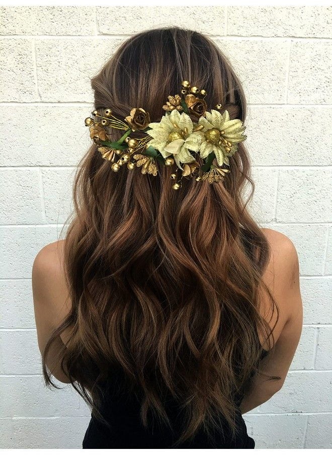 Hair Flare - Women Artificial Rose Flower Made Hair Accessories And Hair Pin For Women 2166 Gold Pack Of 1 - Image 1
